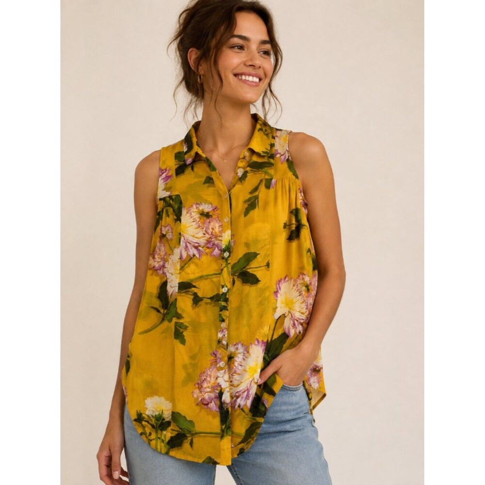 Maeve Anthropologie Floral Blouse Size 4 Mustard Yellow Button Front Sleeveless
